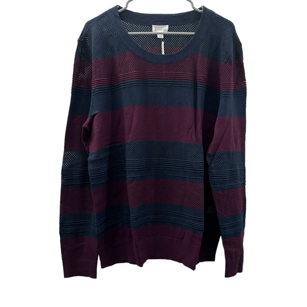 Market & Spruce Burgundy & Navy Striped Colorblock Open Knit Long Sleeve Sweater